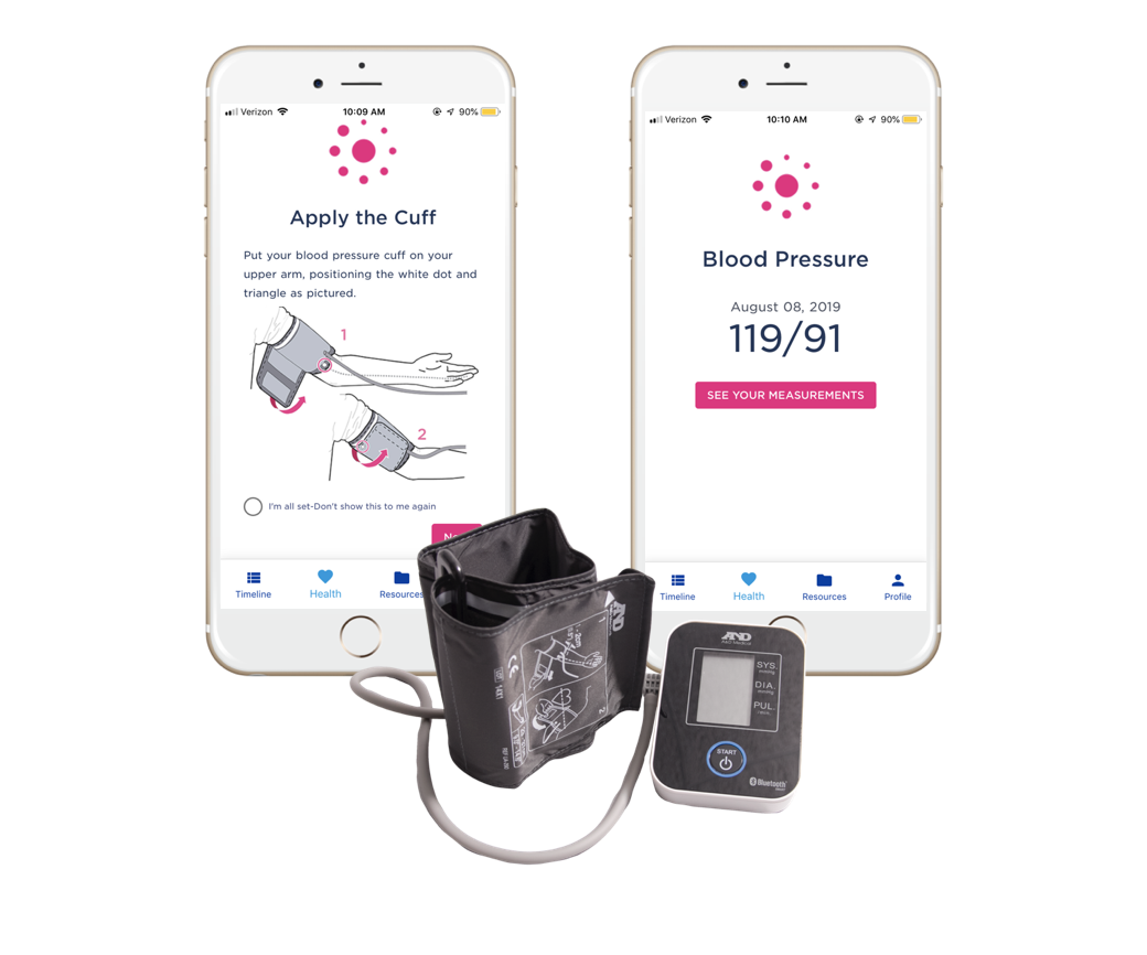 Babyscripts App on phone with Blood pressure cuff Babyscripts App on phone with Blood pressure cuff